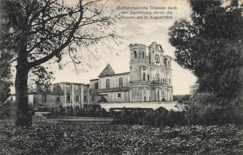 Crossen an der Oder Neumark, destroyed pilgrimage church Krosno Odrzańskie, field post stamp, military hospital, train 10, around 1915