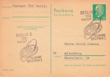 DDR 10 Pfennig Ganzsache Sonderstempel 10 Jahre Sputnik I o Berlin 1967