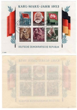 GDR block 8 A Karl Marx block perforated day stamp o Dresden A24 12/14/1953