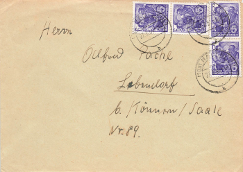 GDR five-year plan Michel 407 multiple franking on letter o Radebeul February 27, 1954