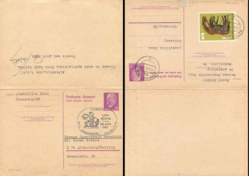 DDR Ganzsache P65A 15 Pfennig Pieck Antwortteil o Split 25.11.1967 nach AltenburgDDR Ganzsache P74 15/15 Pfennig Ulbricht mit Antwortteil o Altenburg 1.9.1967 Antwortteil Coventry 10.9.1967