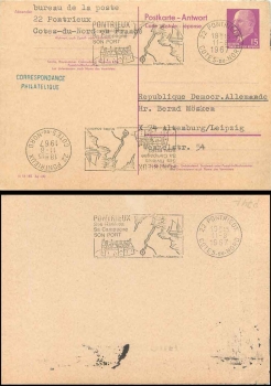 DDR Ganzsache P74A 15 Pfennig Antwortteil o Pontrieux 11.8.1967 nach Altenburg