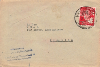 DDR Michel 279 Frieden Einzelfrankatur auf Brief o Rathenow 9.6.1951 nach Prenzlau
