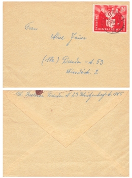 DDR Michel 284 Deutsch Polnische Freundschaft Einzelfrankatur auf Brief o Radebeul 9.5.1951 nach Dresden