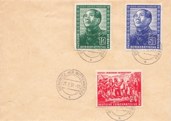 GDR Michel 286-8 German Chinese Friendship Mao Zedong on envelope o Bergwitz July 27, 1951
