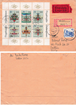 GDR Michel 3289-94 Erzgebirge Leuter spiders FDC on Expres R-Brief o Sellin November 28, 1989
