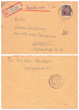GDR Michel 379 five-year plan 84 Pfennig single franking on R-letter o Adorf 5.1.1954 to Leipzig