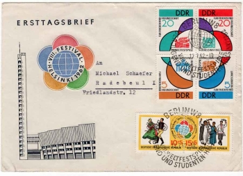 DDR Ganzsache P65A 15 Pfennig Pieck Antwortteil o Split 25.11.1967 nach AltenburgDDR Michel 580 B  W Zd 23 II. DEBRIA FDC 5 Ersttagsbrief Berlin-Hohenschönhausen 4.9.1959DDR Michel 801 bis 906 FDC Weltfestspiele der Jugend Ersttagsbrief BerlinW8 17.71962