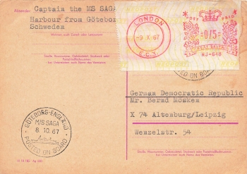 GDR Walter Ulbricht 15 Pfennig answer postal stationery o ship's mail MS SAGA October 8, 1967 additional postage London