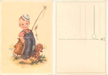 Dachshund child with fishing rod * around 1950