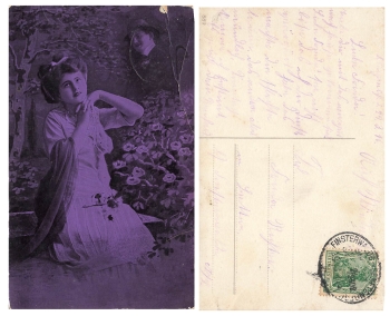 Lady in Purple railway postmark Finsterwalde Senftenberg train 2/2302 30.3.1916