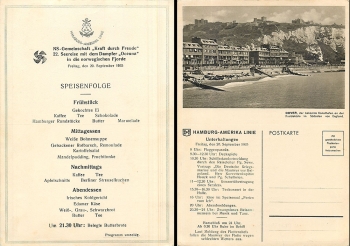 Steamer "Oceana" Hamburg America Line KdF trip to Norway September 20, 1935 menu card