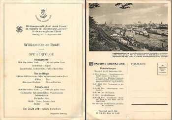 Steamer "Oceana" Hamburg America Line KdF trip to Norway September 17, 1935 menu card