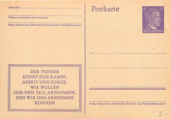 Der Führer kennt nur Kampf,... Ganzsache 6 Pfennig Hitler im Rahmen * um 1944