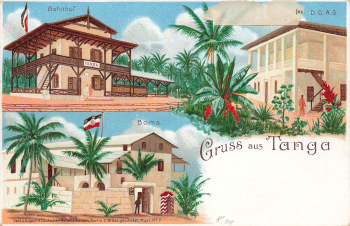 Tanga Bahnhof Litho Privatganzsache 5 Pesa auf 10 Pfennig Krone Adler Deutsch Ostafrika * um 1890