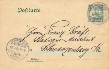 Deutsch-Südwestafrika Ganzsache 5 Pfennig o Keetmanshoop 15.6.1908 nach Schwarzenbergstafrika * um 1910 1910