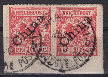 Deutsche Post in China  Michel 3 I o diagonaler Aufdruck waagerechts Paar auf Briefstück o Shanghai o 25.5.1900