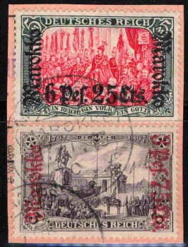 Deutsche Post in Marokko Michel 57 und 58IA auf Paketkartenausschnitt rückseitiger Ankunftsstempel Tanger 1913