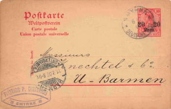 German Post in Turkey, postal stationery item (20 paras), Smyrna, 6 July 1907, with watermark