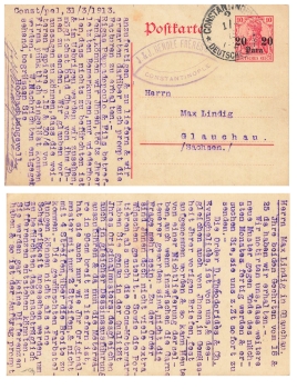 Deutsche Post in Turkey postal stationery 20 Para o Constantinopel 1.4.1913 with watermark