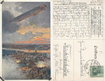 Zeppelin über Antwerpen Künstlerkarte von Eckenbrecher Deutscher Luftflotten-Verein o 28.7.1915