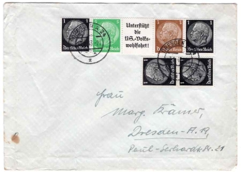 German Reich unit donor strip 1 se-tenant "Support the NS. Welfare!" o Dresden A24 3.1.1943