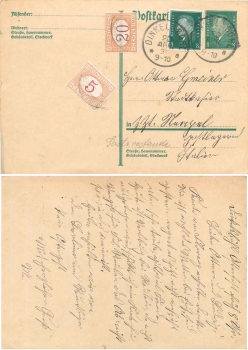 German Reich postal stationary Friedrich Ebert with Italian postage due o Dinkelsbuehl 20.4.1930