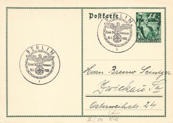 German Empire postal stationery for January 30, 1938 special cancellation Berlin January 30, 1938