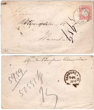 German Reich postal stationery envelope with a small breastplate on a letter from Lübz October 23, 1873 to Hamburg