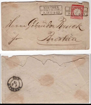 German Empire Michel 4 eagle with a small breastplate on a letter from Beuthen Upper Silesia March 3, 1872 to Breslau