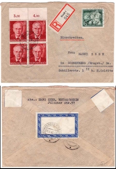 German Reich Michel 843 and upper edge block of four 856 on R-Brief o Neuss 1 8.8.1943 to Schneeberg