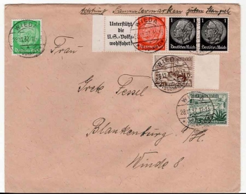 German Reich Michel W65 A8.1 + 517 + 512 + 512 se-tenant on letter from Wieda 28.11.1937