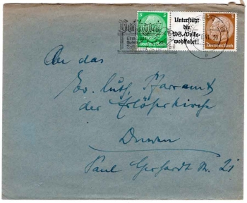 Deutsches Reich Zusammendruck W72 Unterstützt die NS-Volkswohlfahrt auf Brief o Dresden 22.6.1941