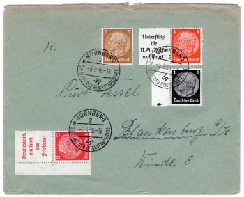 Deutsches Reich Zusammendruck aus Markenhftchen auf Brief o Nürnberg 5.9.1938