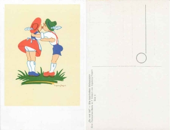 The Bavarian wooden dolls "You and I" artist card Ingeborg Fiegert card 6 around 1940