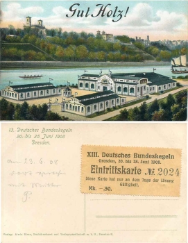 Dresden 13th German Federal Bowling June 1908 Admission ticket glued to the back