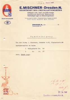 Dresden E. Mischner Platanenstrasse 28 letterhead with Osram advertising 1942