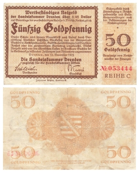 Dresden Fifty gold pfennigs over 5/42 dollars 1923 Stable emergency money