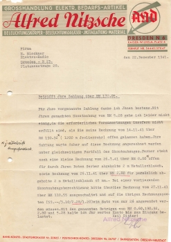 Dresden Kaiser Wilhelm Platz Alfred Nitzsche Elektro wholesaler letterhead 1941