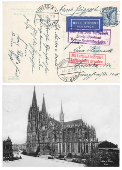 Cologne airmail card with transport stamp Dresden and Berlin July 23, 1930