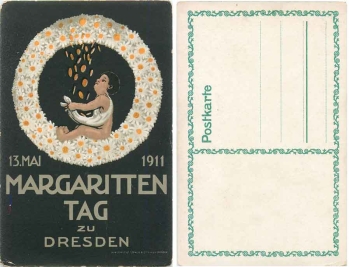 Dresden Internationale Hygiene Ausstellung 1911 Karte 70 Schweizer PavillonDresden Margarittentag 13. Mai 1911 Kind im Kranz