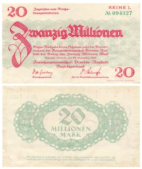 Dresden Neustadt 20 Millionen 24. September 1923 Notgeld