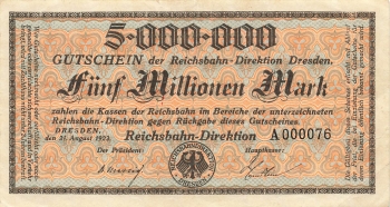 Dresden Reichbahn Directorate Five million mark voucher August 21, 1923 emergency money