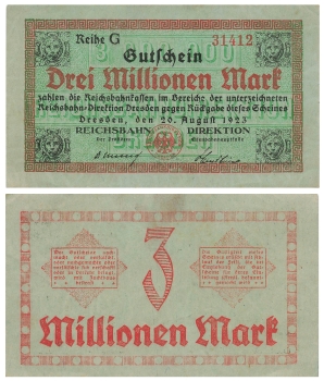 Dresden Reichsbahn Direktion Drei Millionen Mark Gutschein 20. August 1923 Notgeld