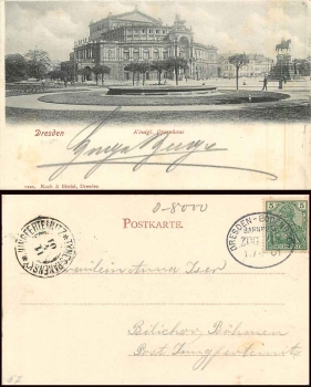 Dresden Semperoper railway postmark Dresden-Bodenbach Zug 1 o April 11, 1901
