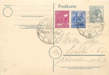 Community issues postal stationery 12 Pfennig special cancellation Dresden Philatelisten Day 26.6.1948