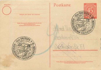 Control Council issue postal stationary 45 Pfennig special cancellation Dresden N15 Socialist Culture Day Saxony 1.7.1948