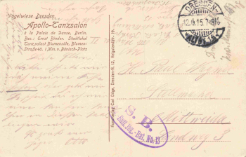 Dresden Vogelwiese Apollo Tanzsalon Innenansicht Feldpost Ers.-Jäg.-Bat. No 13 o 1915