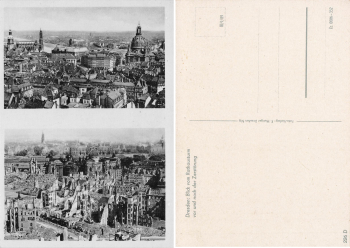 Dresden from the Town Hall tower towards the Frauenkirche before and after its destruction in World War II * 1953 ​​​​​​​Verlag Hunger 326 D