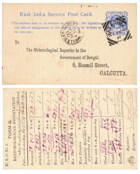 East India Service Post Carad Quarter Anna Ganzsache o Hazariba 3.10.1890 nach Calcutta